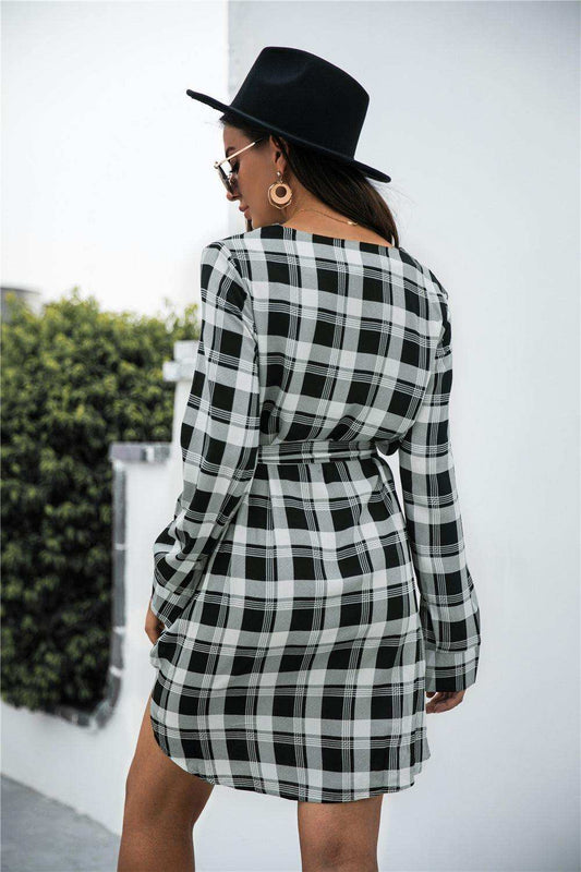 Plaid V-Neck Tie Waist Dress - Trendsi - Flyclothing LLC