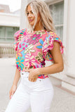 Floral Print Round Neck Flutter Sleeve Blouse - Trendsi - Flyclothing LLC