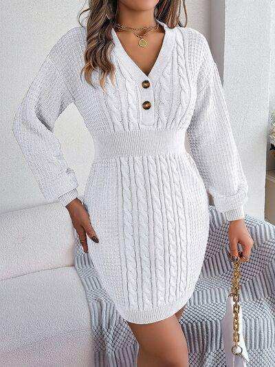 Buttoned Cable-Knit V-Neck Sweater Dress - Trendsi - Flyclothing LLC