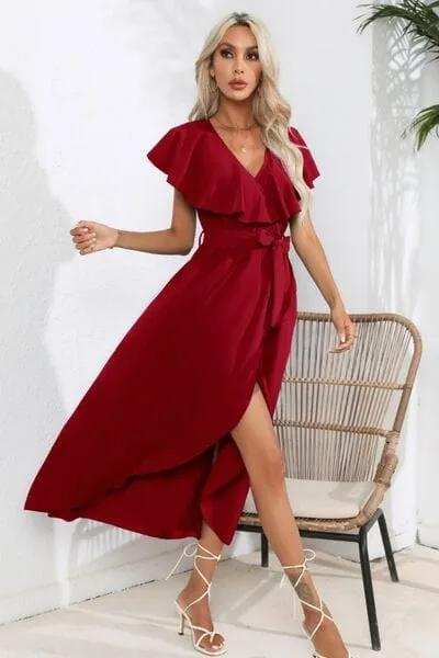 Ruffled Tied V-Neck Midi Dress - Trendsi - Flyclothing LLC