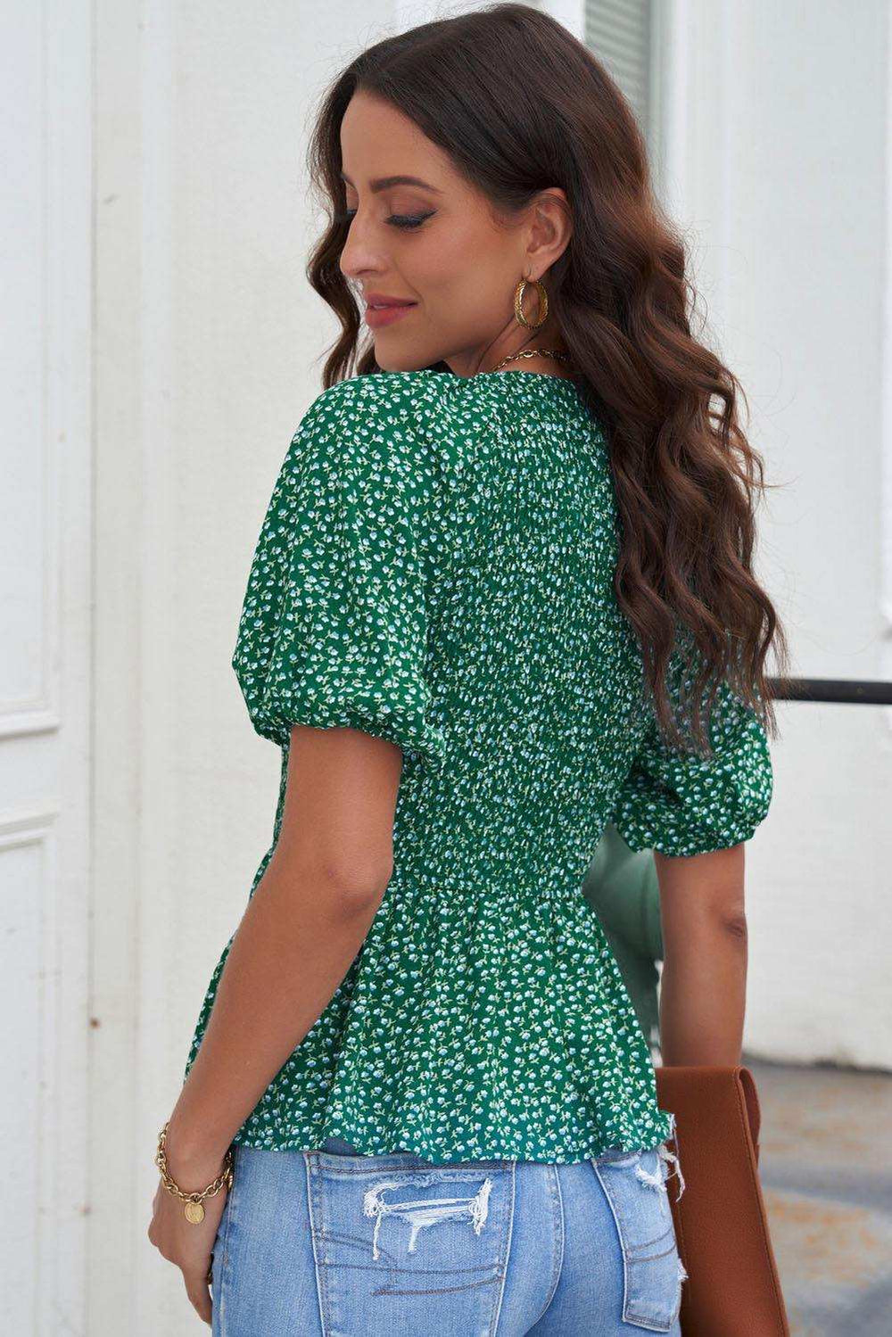 Smocked Balloon Sleeve Peplum Blouse - Trendsi - Flyclothing LLC