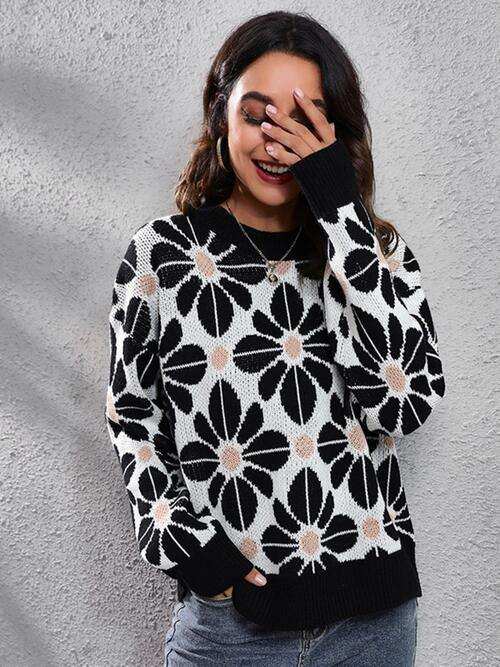 Floral Round Neck Long Sleeve Sweater - Trendsi - Flyclothing LLC