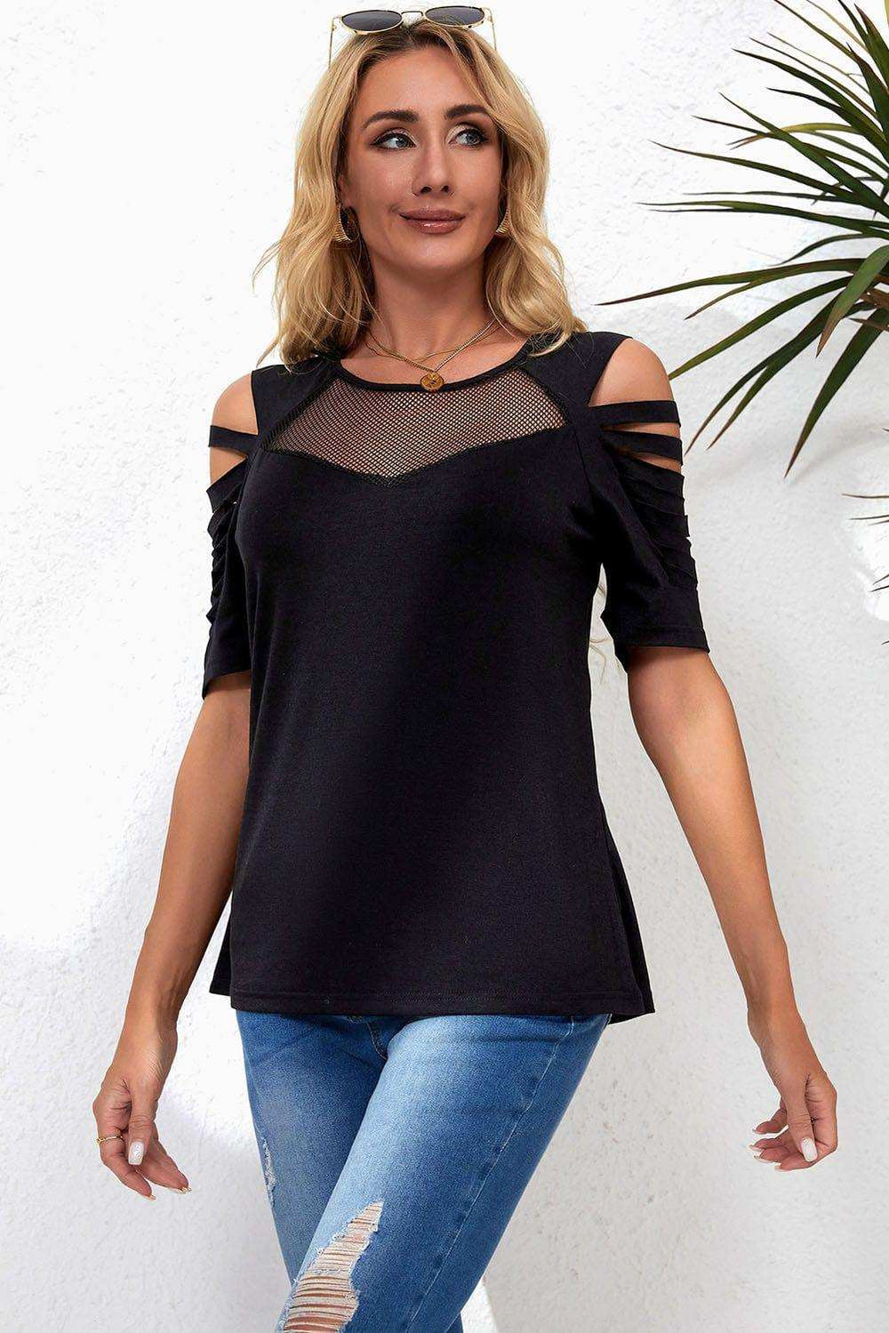 Round Neck Cutout Raglan Sleeve Tee - Trendsi - Flyclothing LLC