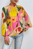 Floral Smocked Lantern Sleeve Mock Neck Blouse - Trendsi - Flyclothing LLC