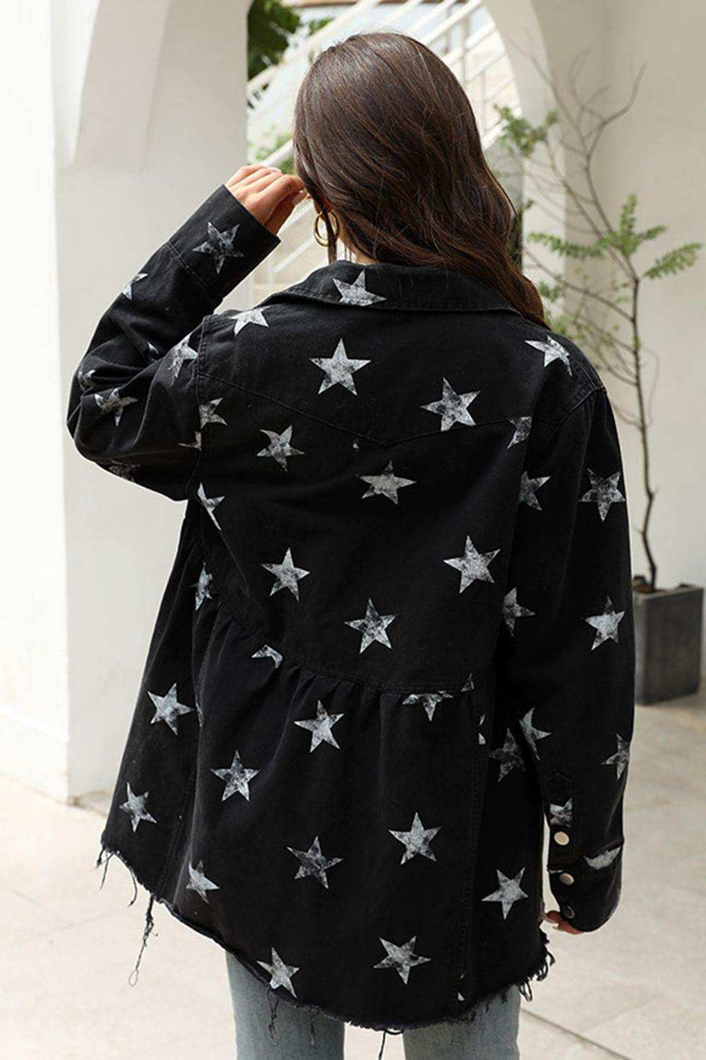 Collared Neck Star Print Long Sleeve Denim Jacket - Trendsi - Flyclothing LLC