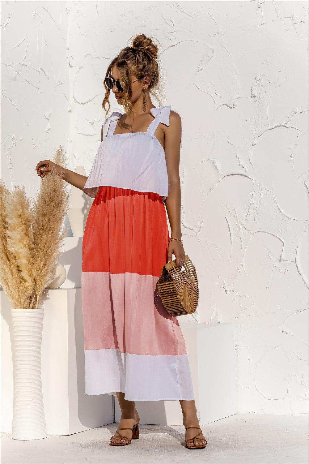 Color Block Tie Shoulder Tiered Sleeveless Dress - Trendsi - Flyclothing LLC