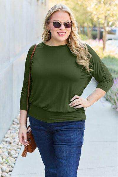 Basic Bae Full Size Round Neck Batwing Sleeve Blouse - Trendsi - Flyclothing LLC