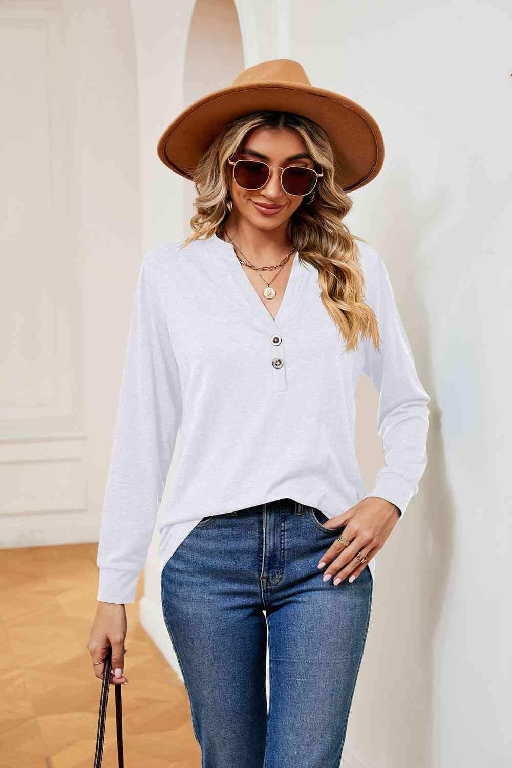 Buttoned Notched Neck Long Sleeve Top - Trendsi - Flyclothing LLC