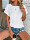 Eyelet Round Neck Short Sleeve T-Shirt - Trendsi - Flyclothing LLC