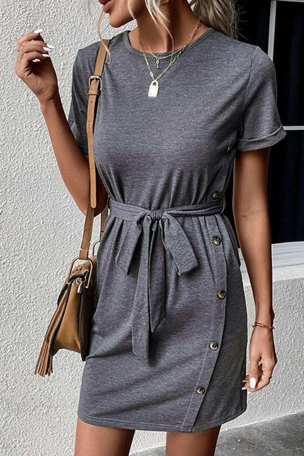 Decorative Button Tie-Waist Cuffed Sleeve Tee Dress - Trendsi - Flyclothing LLC