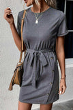 Decorative Button Tie-Waist Cuffed Sleeve Tee Dress - Trendsi - Flyclothing LLC