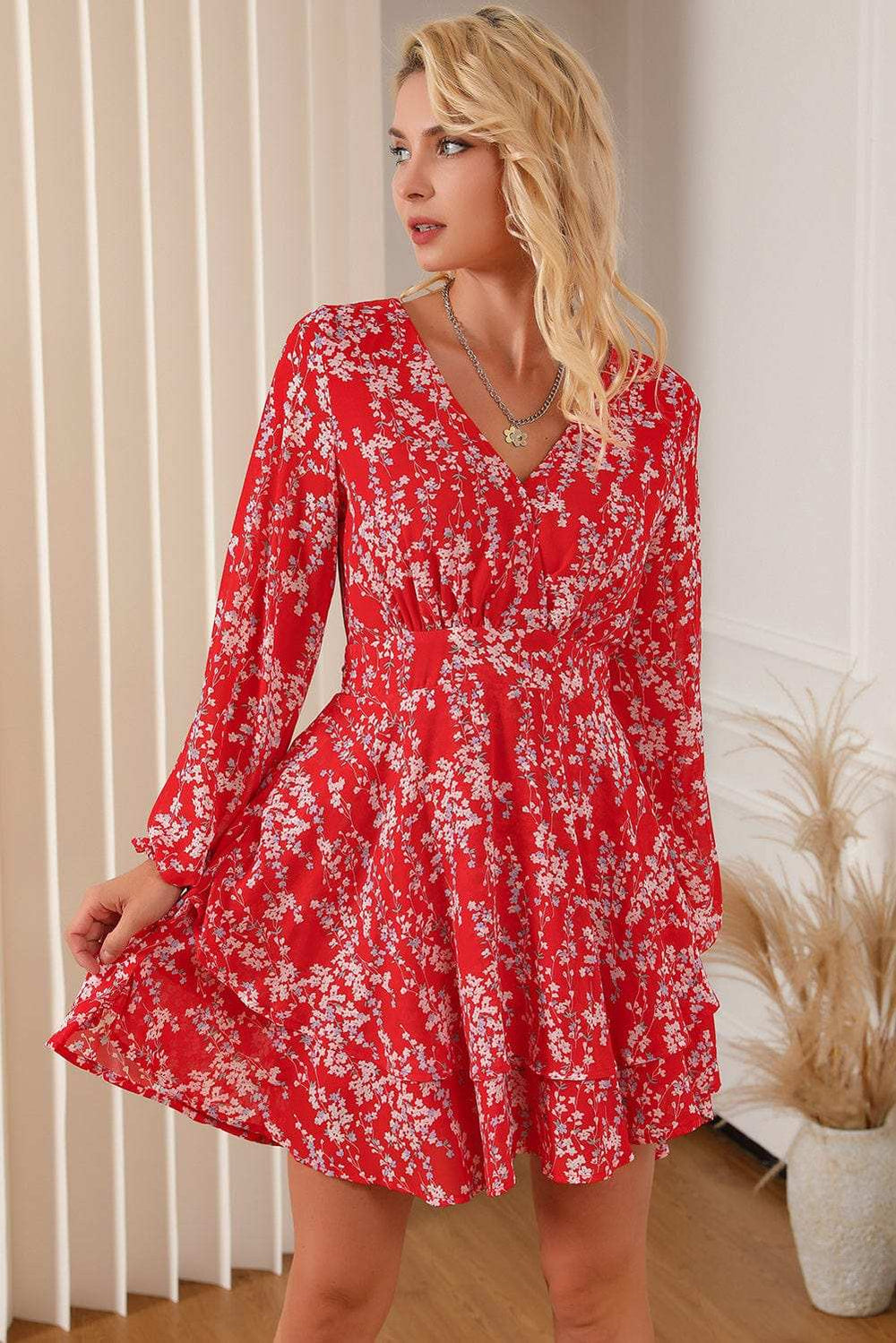 Printed Surplice Balloon Sleeve Layered Dress - Trendsi - Flyclothing LLC