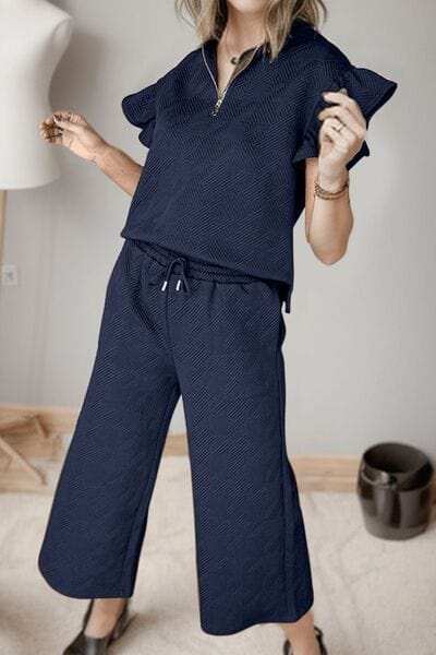 Ruffled Quarter Zip Top and Drawstring Pants Set - Trendsi - Flyclothing LLC