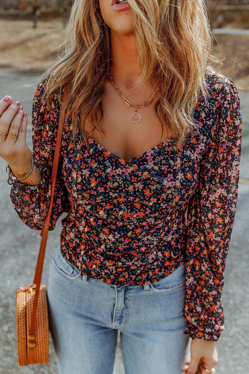 Floral Long Flounce Sleeve Blouse - Trendsi - Flyclothing LLC