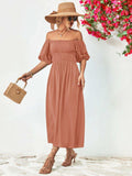 Off-Shoulder Balloon Sleeve Midi Dress - Trendsi - Flyclothing LLC