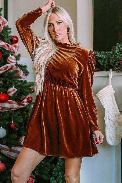Frill Trim Long Sleeve Mini Dress - Trendsi - Flyclothing LLC