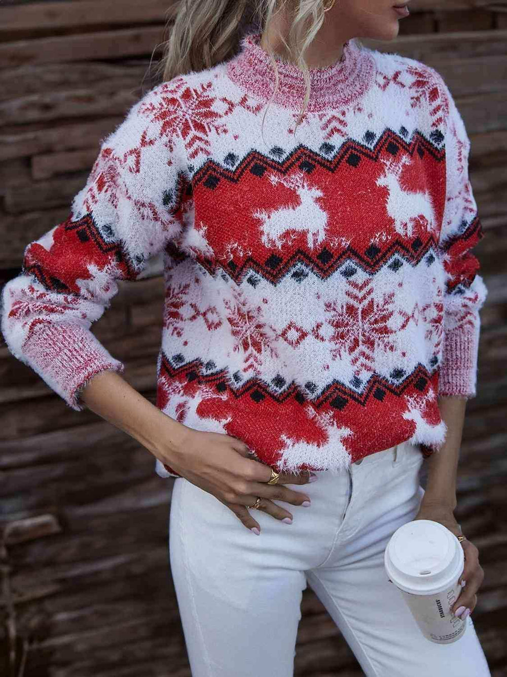 Reindeer & Snowflake Round Neck Sweater - Trendsi - Flyclothing LLC