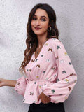Butterfly V-Neck Balloon Sleeve Peplum Blouse - Trendsi - Flyclothing LLC