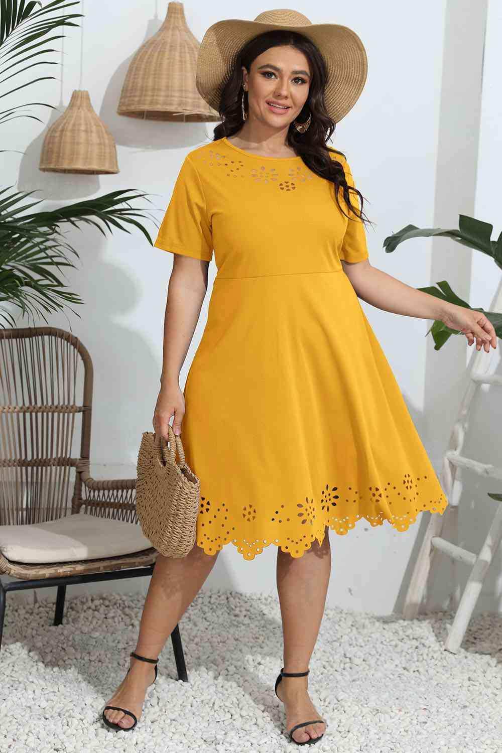 Plus Size Round Neck Openwork Dress - Trendsi - Flyclothing LLC