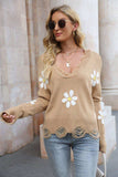 Flower Distressed Ribbed Trim Sweater - Trendsi - Flyclothing LLC