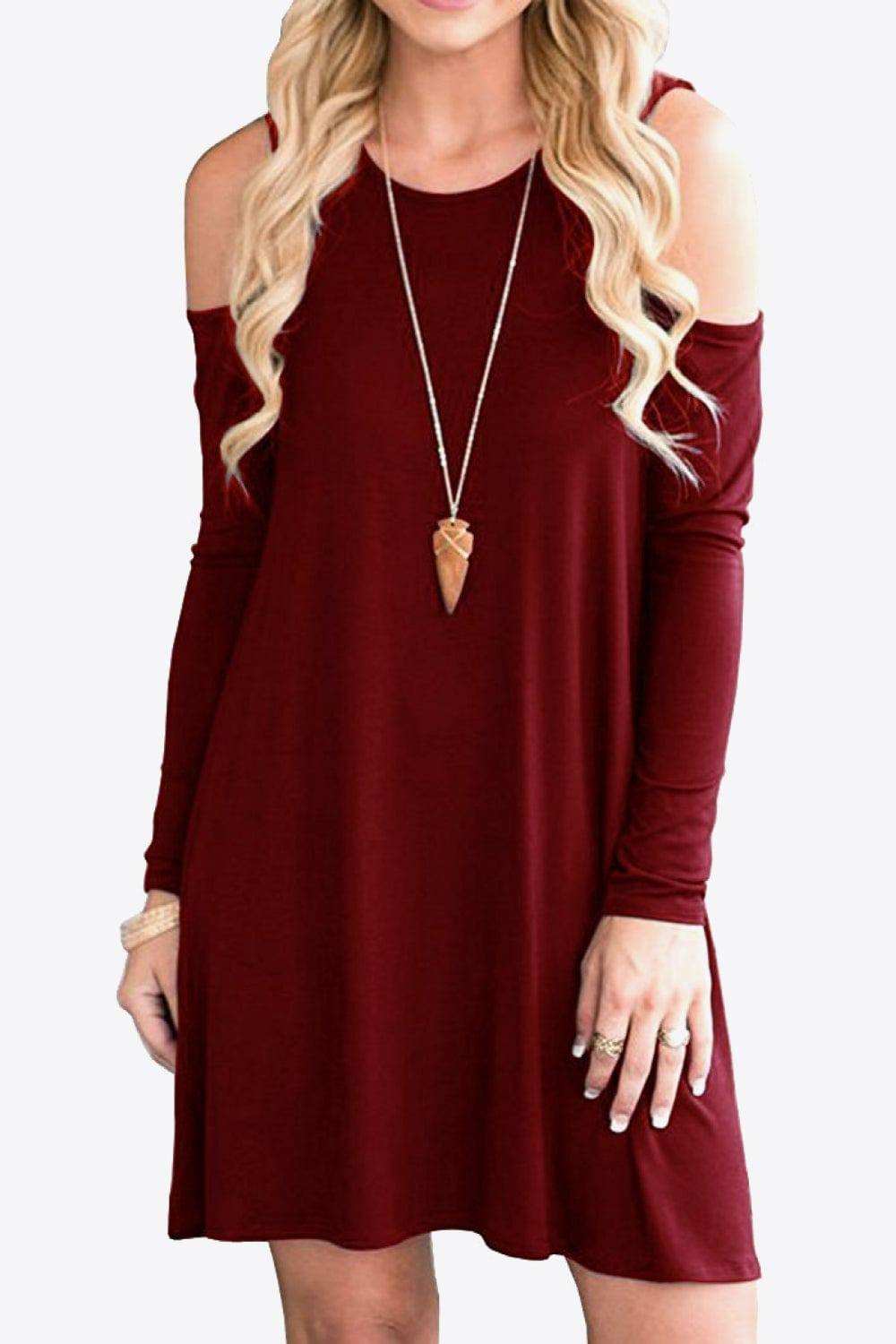 Cold-Shoulder Long Sleeve Round Neck Dress - Trendsi - Flyclothing LLC