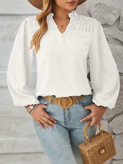 Ruched Swiss Dot Notched Balloon Sleeve T-Shirt - Trendsi - Flyclothing LLC