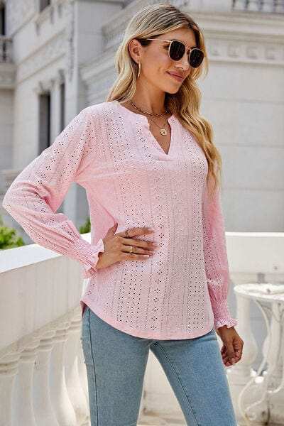 Eyelet Notched Lantern Sleeve T-Shirt - Trendsi - Flyclothing LLC