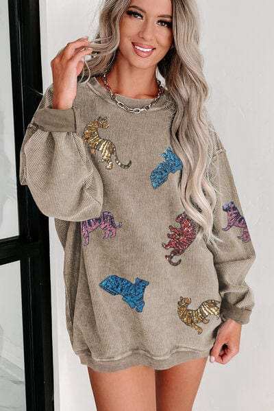 Animal Sequin Dropped Shoulder Sweatshirt - Trendsi - Flyclothing LLC
