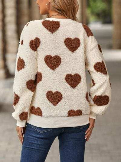 Fuzzy Heart Dropped Shoulder Sweatshirt - Trendsi - Flyclothing LLC
