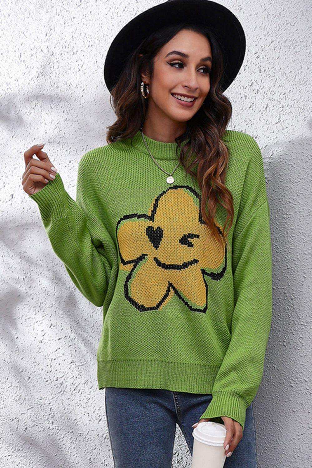 Flower Graphic Drop Shoulder Sweater - Trendsi - Flyclothing LLC