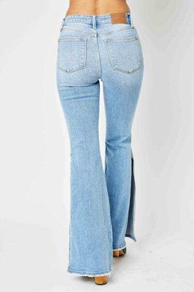 Judy Blue Full Size Mid Rise Raw Hem Slit Flare Jeans - Trendsi - Flyclothing LLC