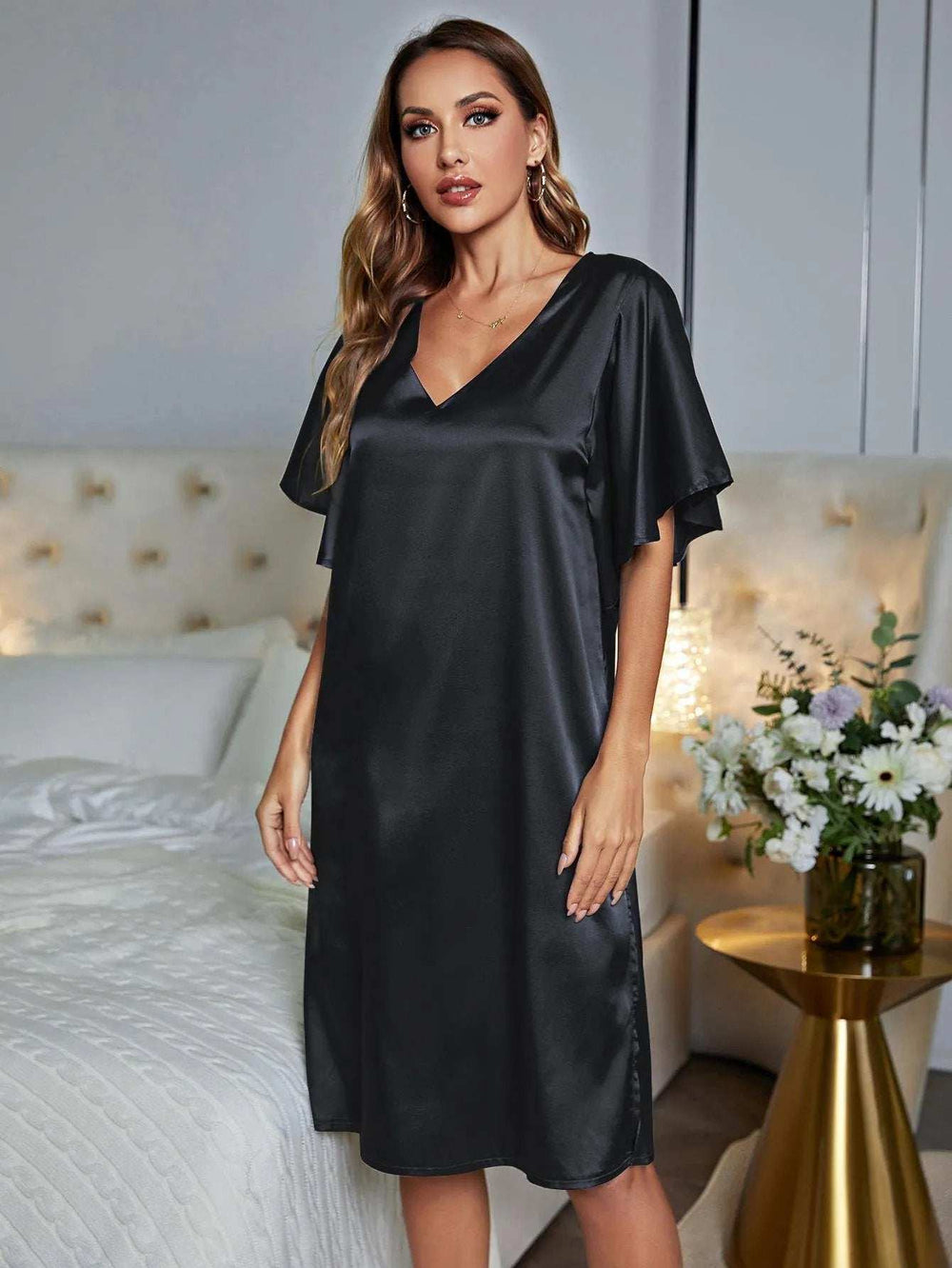 V-Neck Flutter Sleeve Night Dress - Trendsi - Flyclothing LLC