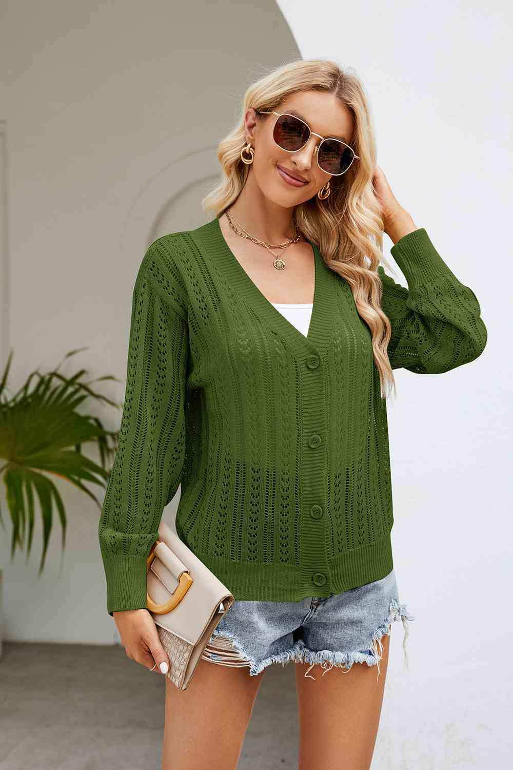 Openwork Button Front V-Neck Cardigan - Trendsi - Flyclothing LLC