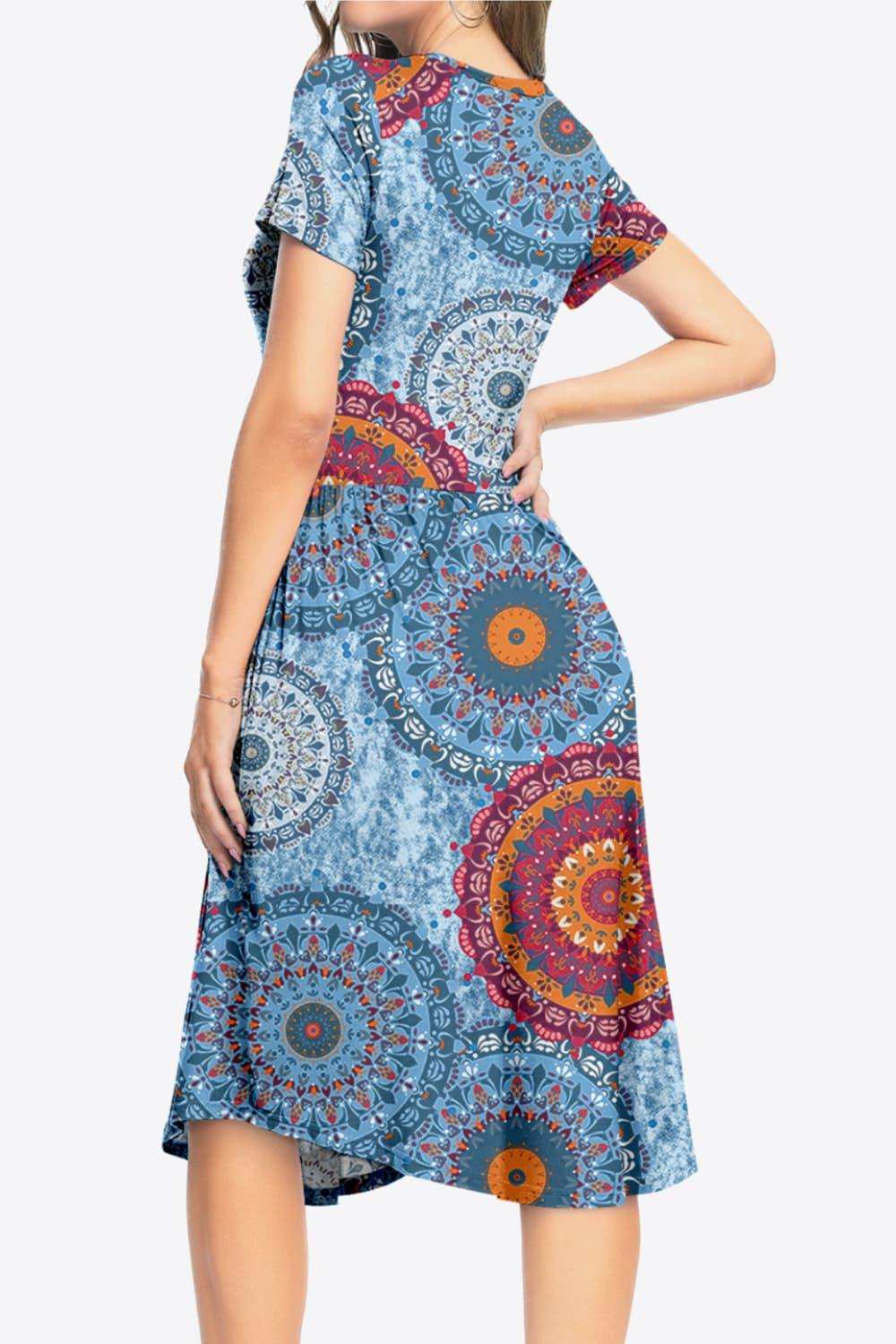 Printed Round Neck Short Sleeve Dress with Pockets - Trendsi - Flyclothing LLC