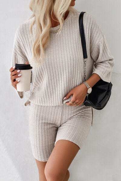 Ribbed Round Neck Top and Shorts Set - Trendsi - Flyclothing LLC