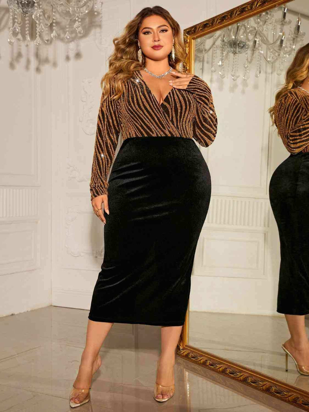 Plus Size Surplice Neck Long Sleeve Slit Dress - Trendsi - Flyclothing LLC