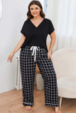 Plus Size V-Neck Top and Plaid Pants Lounge Set - Trendsi - Flyclothing LLC