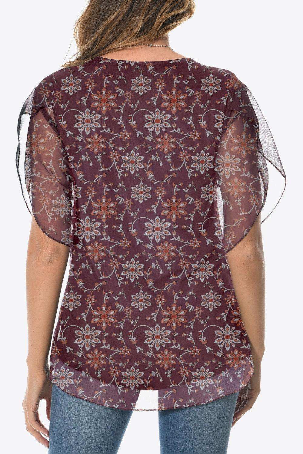 Printed Round Neck Curved Hem Blouse - Trendsi - Flyclothing LLC