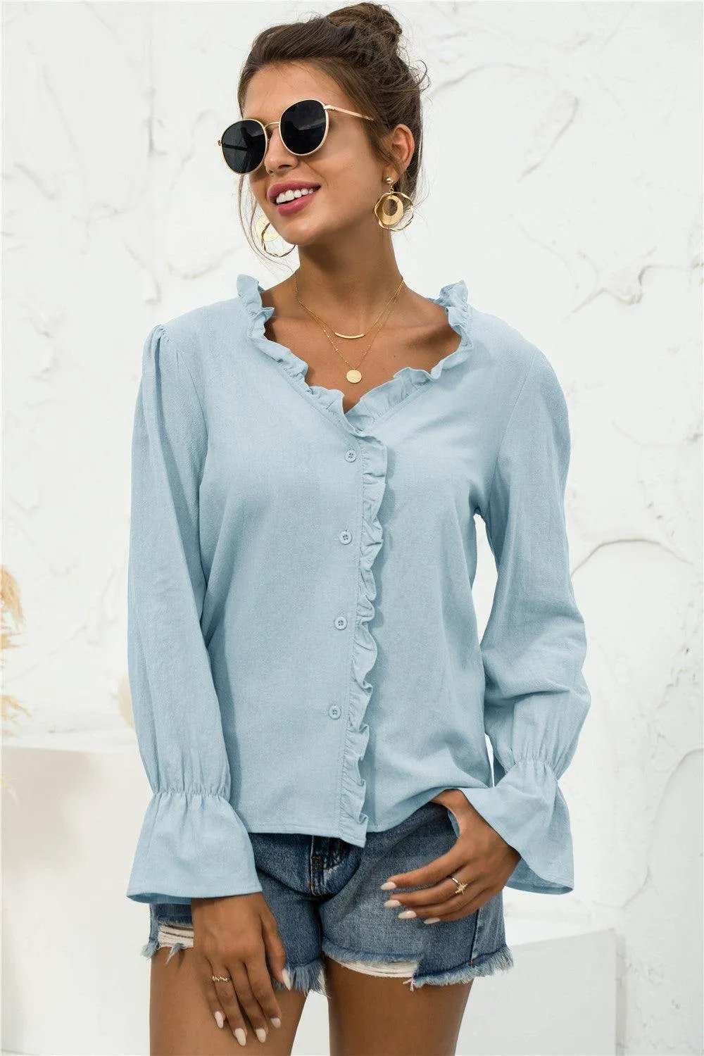 Frill Trim V-Neck Flounce Sleeve Shirt - Trendsi - Flyclothing LLC