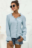 Frill Trim V-Neck Flounce Sleeve Shirt - Trendsi - Flyclothing LLC