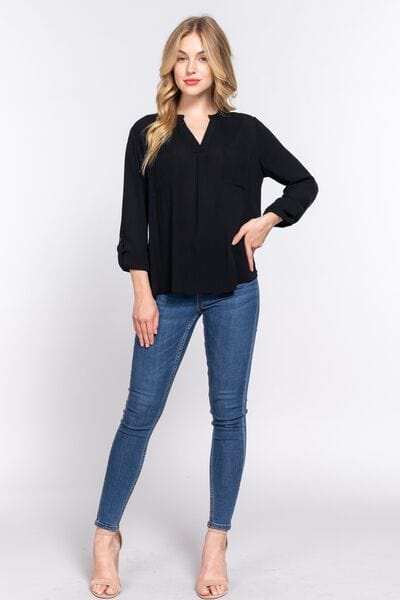 ACTIVE BASIC Full Size Notched Long Sleeve Woven Top - Trendsi - Flyclothing LLC