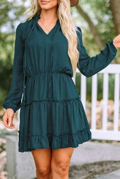 Frill Tie Neck Balloon Sleeve Dress - Trendsi - Flyclothing LLC