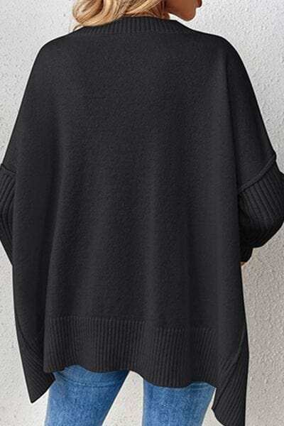 Slit V-Neck Dropped Shoulder Sweater - Trendsi - Flyclothing LLC