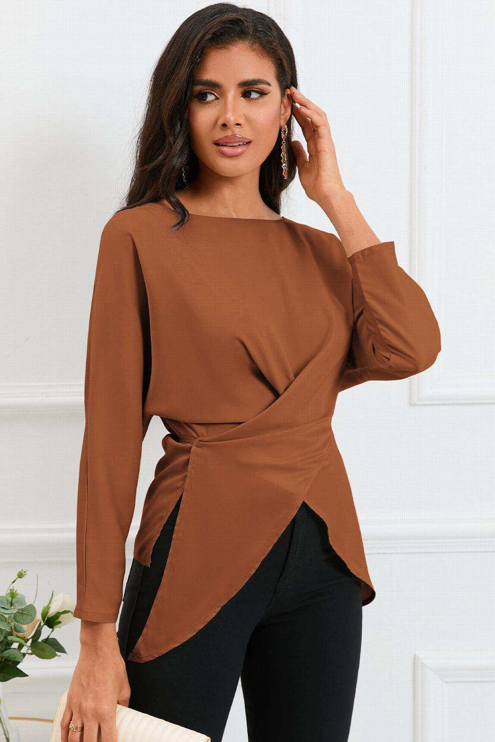 Boat Neck Back Tie Long Sleeve Satin Blouse - Trendsi - Flyclothing LLC