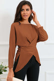 Boat Neck Back Tie Long Sleeve Satin Blouse - Trendsi - Flyclothing LLC