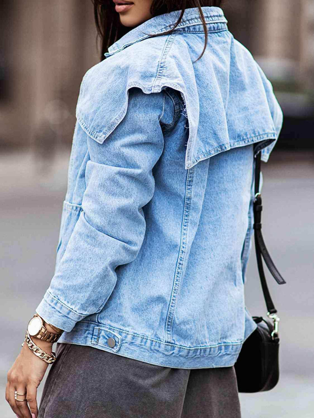 Collared Neck Button Down Denim Jacket - Trendsi - Flyclothing LLC