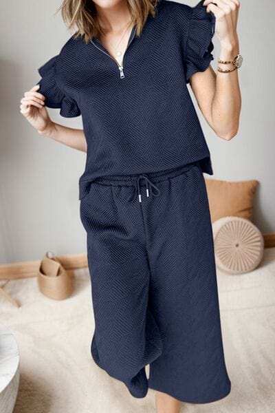 Ruffled Quarter Zip Top and Drawstring Pants Set - Trendsi - Flyclothing LLC
