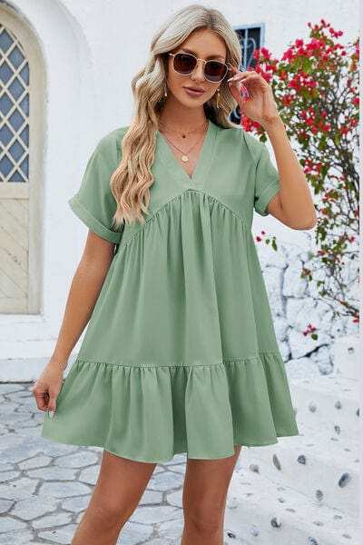 Ruched Tiered V-Neck Short Sleeve Mini Dress - Trendsi - Flyclothing LLC
