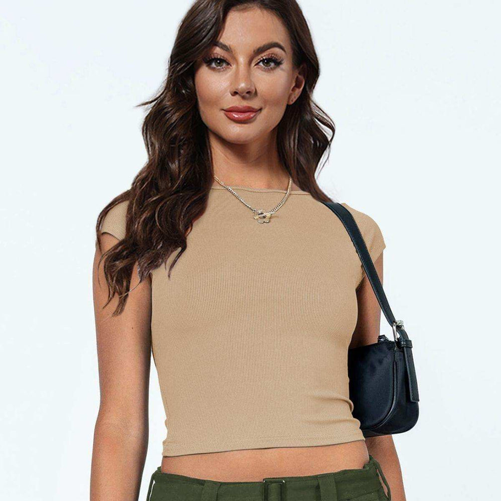 Round Neck Backless Short Sleeve Tee - Trendsi - Flyclothing LLC