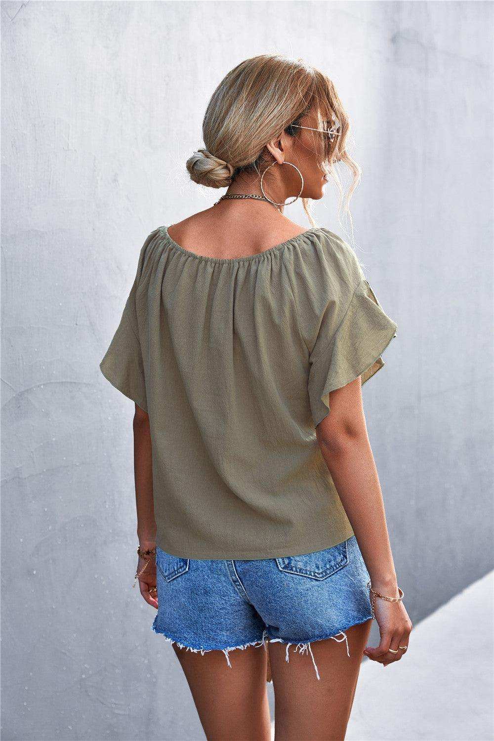 Flutter Sleeve Tie-Front Blouse - Trendsi - Flyclothing LLC